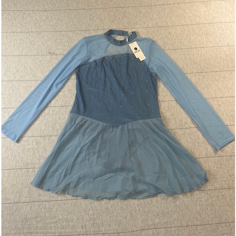 iEFiEL Girls Youth 16 Blue Rhinestone Figure Skating Dance Dress Leotard